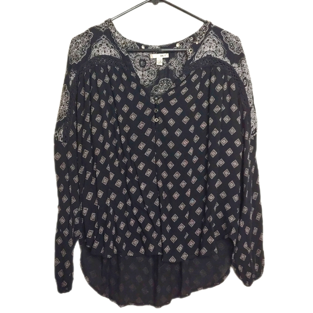 Amuse Society Women's Black White High Low Boho Long Sleeve Blouse Size Small